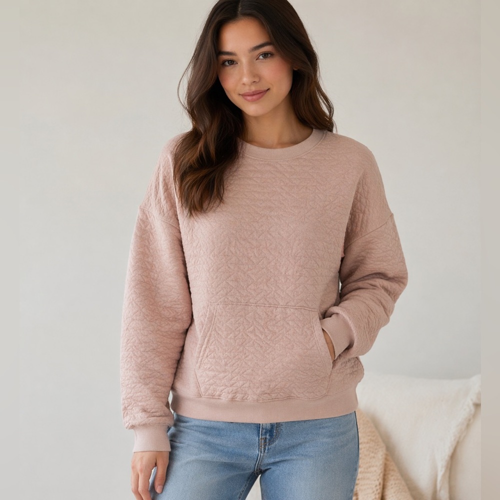 All In Motion Quilted Crewneck Sweatshirt Blush Pink Kangaroo Pocket M